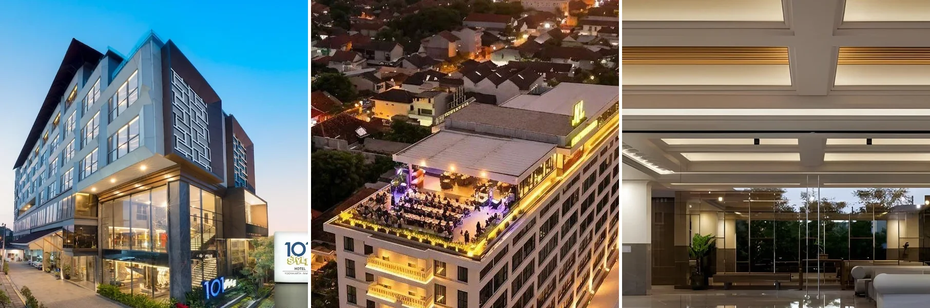 Dari kiri: tampak luar 1O1 STYLE Yogyakarta Malioboro, The Malioboro Hotel and Conference Yogyakarta, The Jogja Hotel & Conference Center - Malioboro