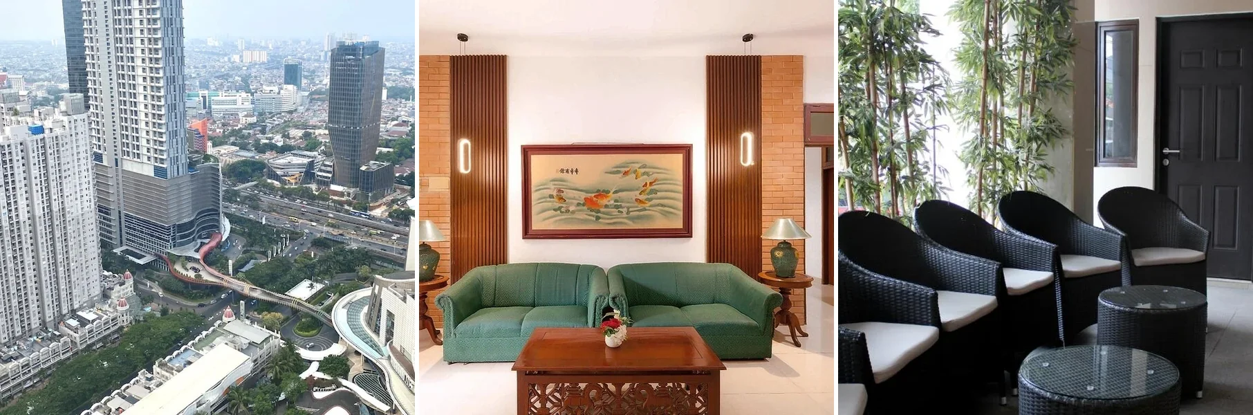 Dari kiri: tampak luar Luxe Living @Central Park, Dekuningan House, Ghurfati Hotel Mangga Besar