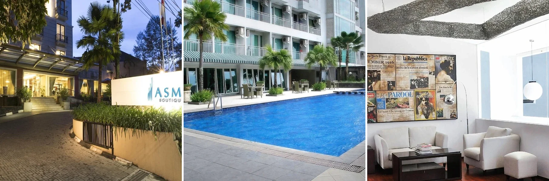 Dari kiri: tampak luar Asmila Boutique Hotel, Galeri Ciumbuleuit Family & Business Hotel, VillaTel Salse