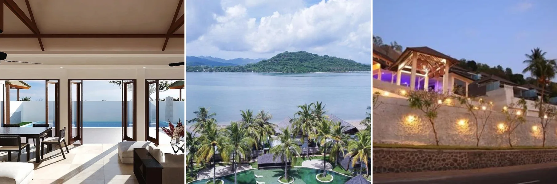 Dari kiri: tampak luar Kokomo Resort Gili Gede, The Club Villas Lombok, Alma Sunset Luxury Villas Lombok