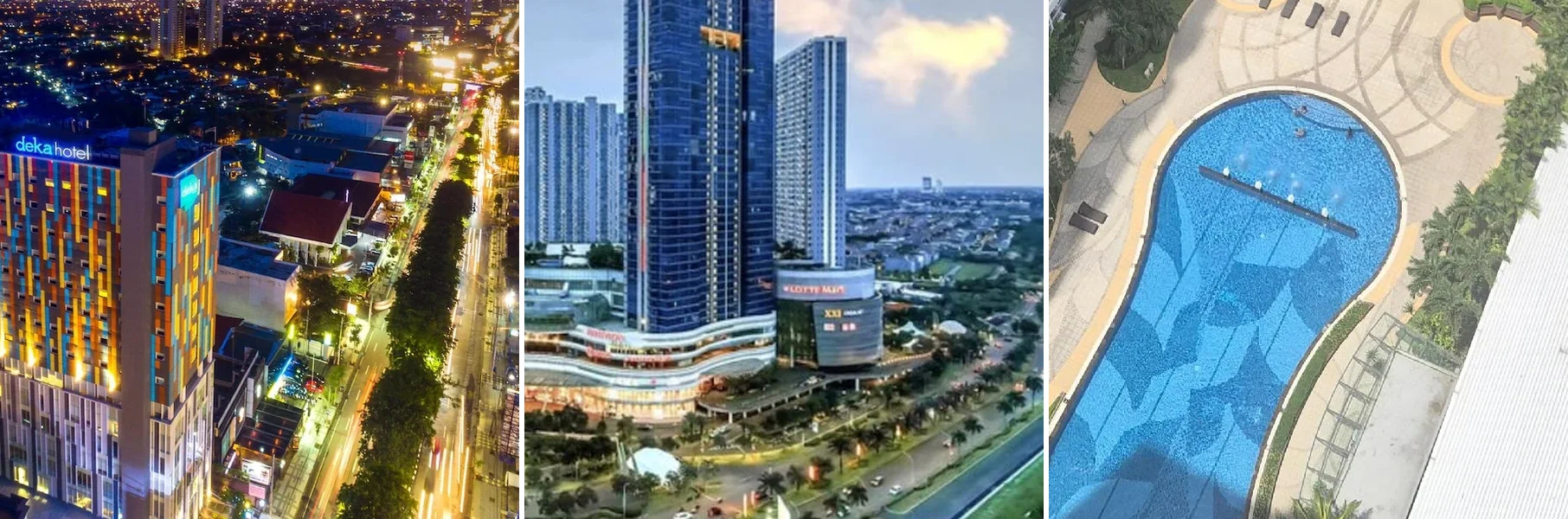 Dari kiri: tampak luar Deka Hotel, Modern Living Pakuwon Mall Surabaya By ProIns, Apartemen Tanglin Orchard Pakuwon Mall Blessing777