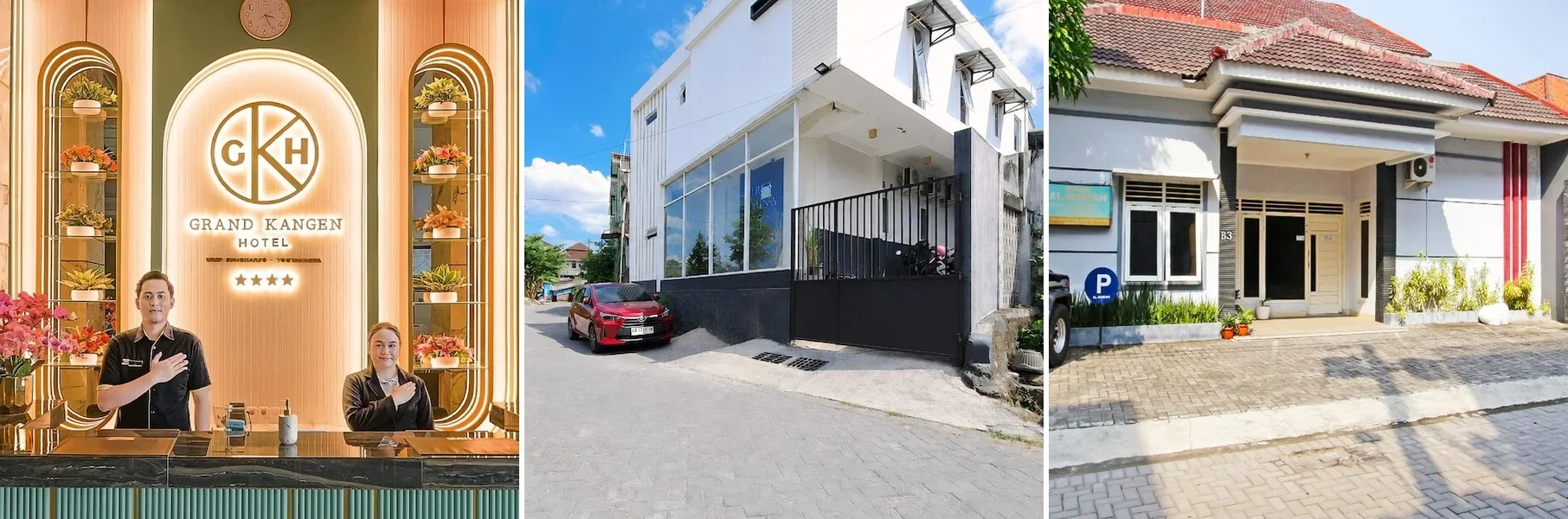 Dari kiri: tampak luar Grand Kangen Hotel Urip Sumoharjo, La Rish Home Syariah Gejayan Yogyakarta RedPartner, Hotel O Homestay Al Maidah